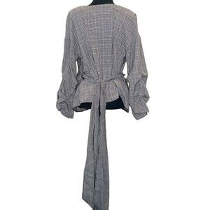 Settledown Houndstooth Plaid Long Sleeve Wrap Blouse Black White Large